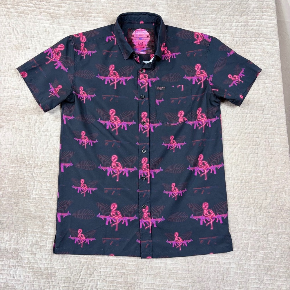 Retro Rifle Miami Flamingo Neon Rifle Print Stretch Button Down Shirt Mens M